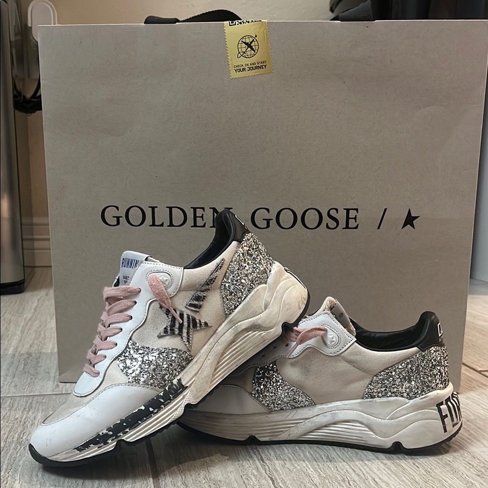 Golden Goose White and Silver Sneakers